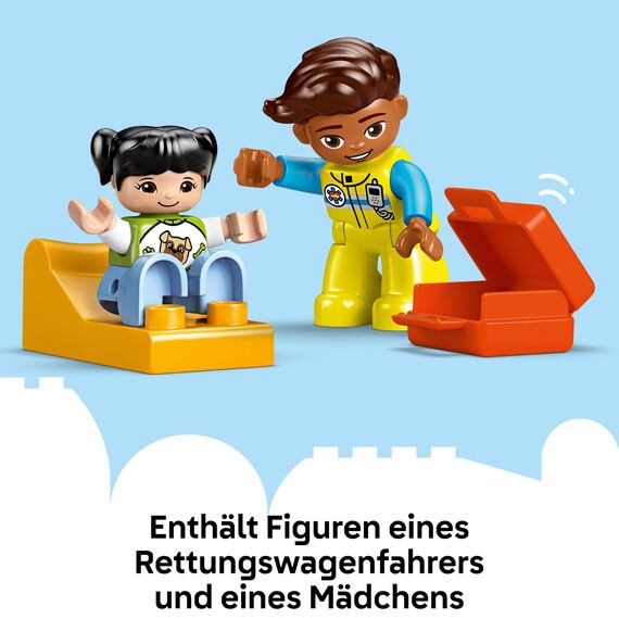 LEGO DUPLO Rettungswagen mit Fahrer - Lernspielzeug für Kleinkinder ab 2 Jahren - Montessori Spielzeug für Rollenspiele - Rettungswagen Spielzeug mit Auto, Haus, 2 Figuren - Geschenk für Kinder 10447