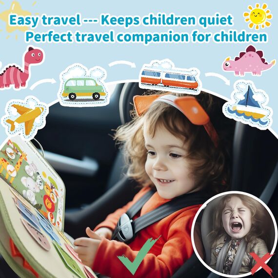Sumtoco Busy Board, Montessori Spielzeug 1 2 3 4 Jahre, 9 in 1 Dinosaurier Quiet Book, Filz Activity Board, Baby Sensorik Lernspielzeug, Motorikspielzeug Jungen Mädchen Kinder, Geschenk für Kinder