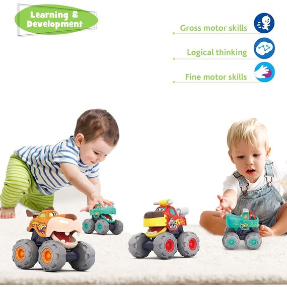 HOLA Baby Spielzeug 1 2 3 Jahre Junge, 3 Stück Monstertruck Reibungsbetriebene Rennwagen LKW Zurückziehen Push and Go Trägheit Fahrzeug , Geschenk