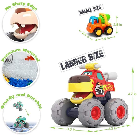 HOLA Baby Spielzeug 1 2 3 Jahre Junge, 3 Stück Monstertruck Reibungsbetriebene Rennwagen LKW Zurückziehen Push and Go Trägheit Fahrzeug , Geschenk