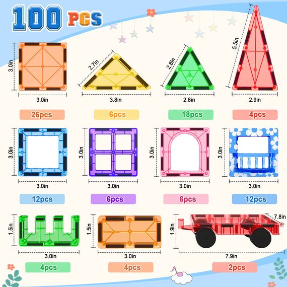 100 Magnetische Fliesen STEM Bauspielzeug mit 2 Autos, Sensorische Magnetische Bausteine für Kleinkinder und Kinder, Vorschule Montessori Spielzeug Geschenke für 3+ Jahre alte Jungen und Mädchen
