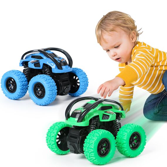GUIGUZHJ Monstertruck Spielzeugauto, 2 Stück Monster Truck Aufziehauto Kinder Spielzeug, Reibung Zurückziehen, 360° Drehung Trägheit Fahrzeug, Auto Spielzeug für Baby Kinder ab 3 Jahre (Grün & Blau)