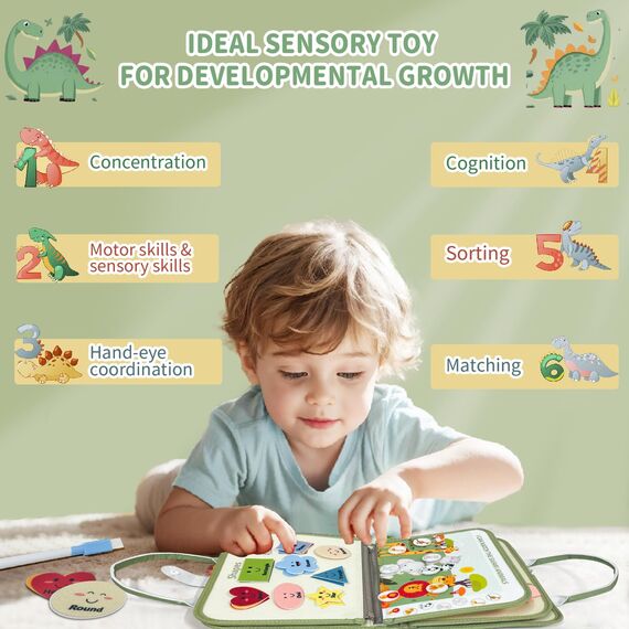 Sumtoco Busy Board, Montessori Spielzeug 1 2 3 4 Jahre, 9 in 1 Dinosaurier Quiet Book, Filz Activity Board, Baby Sensorik Lernspielzeug, Motorikspielzeug Jungen Mädchen Kinder, Geschenk für Kinder