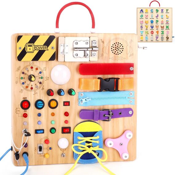 23 in 1 Montessori Spielzeug ab 1 jahr Busy Board Activity Board Spielzeug ab 2 jahre Holzspielzeug mit 15 Schalter, 26 LED-Leuchten ,Spieluhr, Schloss, Schnürsenkeln, Reißverschluss Sensory Spielzeug