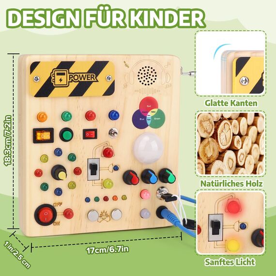 Konijiwa Montessori Spielzeug ab 1 Jahr Busy Board Activity Board Spielzeug ab 2 Jahre Holzspielzeug mit 13 Schalter 24 LED-Leuchten Spielzeug Sensory Learning Toys