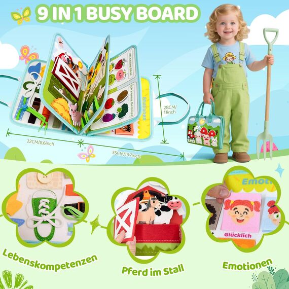 Sumtoco Busy Board Deutsch, Montessori Spielzeug Ab 1 Jahr, Bauernhof Quiet Book, Reisespielzeug Ab 3, Sensorik Spielzeug, Geschenk Spielzeug Ab 1-4 Jahre Mädchen & Jungen