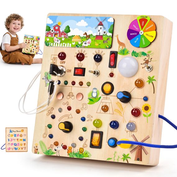 Fwiull Montessori Spielzeug ab 1 Jahr,Baby Montessori Busy Board,Activity Board Montessori ab 2 Jahr, Motorikspielzeug mit 29 LED-Lichtschalter Sensory Learning Toys Geeignet für 1 2 3 4 Jahre