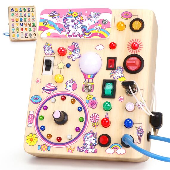 Konijiwa Einhorn Montessori Busy Board Holzspielzeug ab 1 Jahr | Activity Board ab 2 Jahre mit 10 Schaltern & 23 LED-Leuchten | Sensorisches Lernspielzeug für 1-3 Jahre Mädchen