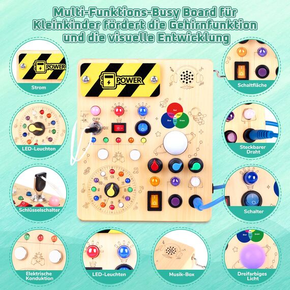 Konijiwa Montessori Busy Board Spielzeug ab 1 Jahr Activity Board Holzspielzeug mit 12 Schalter 24 LED-Leuchten Spielzeug Sensory Learning Toys für 1 2 3 Jahre Jungen Mädchen