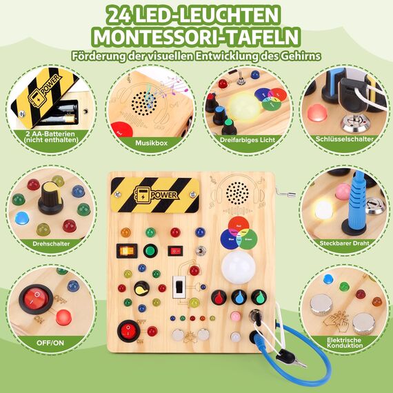 Konijiwa Montessori Spielzeug ab 1 Jahr Busy Board Activity Board Spielzeug ab 2 Jahre Holzspielzeug mit 13 Schalter 24 LED-Leuchten Spielzeug Sensory Learning Toys