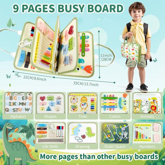 Sumtoco Busy Board, Montessori Spielzeug 1 2 3 4 Jahre, 9 in 1 Dinosaurier Quiet Book, Filz Activity Board, Baby Sensorik Lernspielzeug, Motorikspielzeug Jungen Mädchen Kinder, Geschenk für Kinder