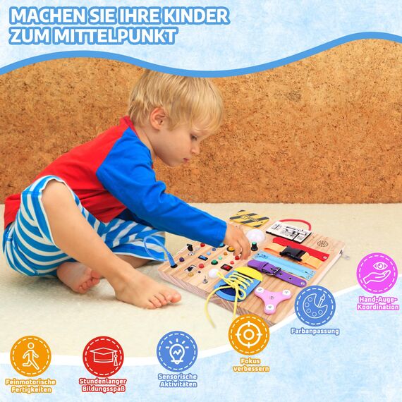 23 in 1 Montessori Spielzeug ab 1 jahr Busy Board Activity Board Spielzeug ab 2 jahre Holzspielzeug mit 15 Schalter, 26 LED-Leuchten ,Spieluhr, Schloss, Schnürsenkeln, Reißverschluss Sensory Spielzeug