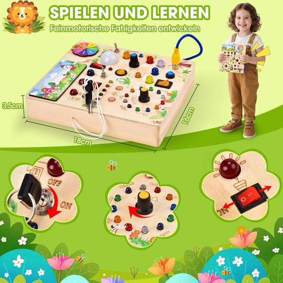 Fwiull Montessori Spielzeug ab 1 Jahr,Baby Montessori Busy Board,Activity Board Montessori ab 2 Jahr, Motorikspielzeug mit 29 LED-Lichtschalter Sensory Learning Toys Geeignet für 1 2 3 4 Jahre