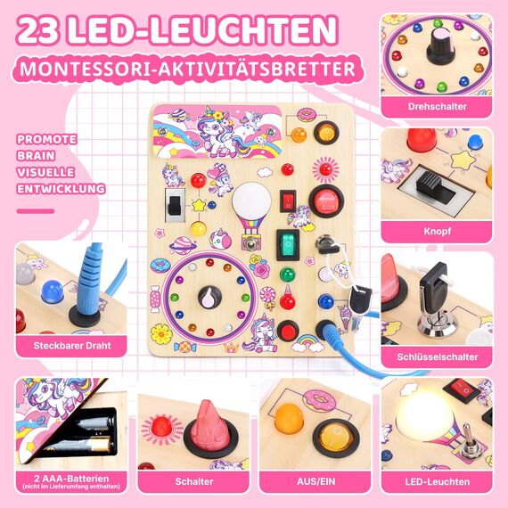Konijiwa Einhorn Montessori Busy Board Holzspielzeug ab 1 Jahr | Activity Board ab 2 Jahre mit 10 Schaltern & 23 LED-Leuchten | Sensorisches Lernspielzeug für 1-3 Jahre Mädchen