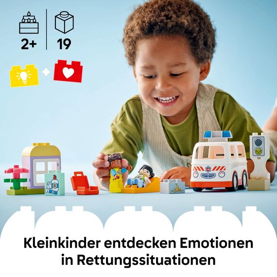 LEGO DUPLO Rettungswagen mit Fahrer - Lernspielzeug für Kleinkinder ab 2 Jahren - Montessori Spielzeug für Rollenspiele - Rettungswagen Spielzeug mit Auto, Haus, 2 Figuren - Geschenk für Kinder 10447