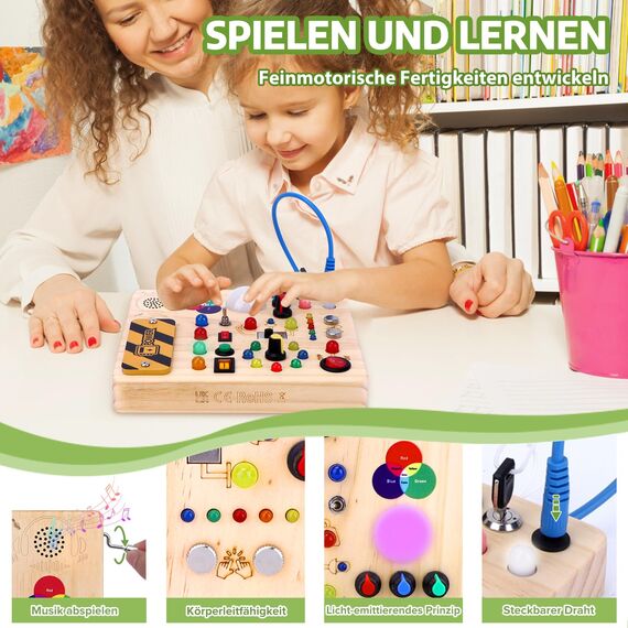 Konijiwa Montessori Spielzeug ab 1 Jahr Busy Board Activity Board Spielzeug ab 2 Jahre Holzspielzeug mit 13 Schalter 24 LED-Leuchten Spielzeug Sensory Learning Toys