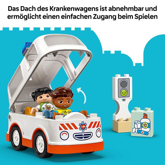 LEGO DUPLO Rettungswagen mit Fahrer - Lernspielzeug für Kleinkinder ab 2 Jahren - Montessori Spielzeug für Rollenspiele - Rettungswagen Spielzeug mit Auto, Haus, 2 Figuren - Geschenk für Kinder 10447