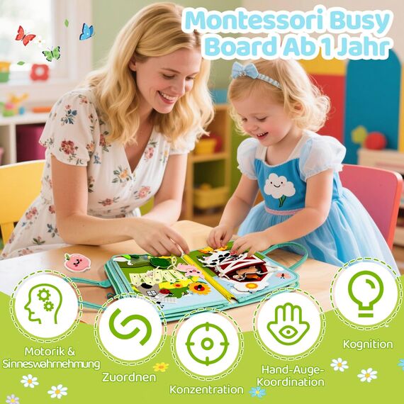 Sumtoco Busy Board Deutsch, Montessori Spielzeug Ab 1 Jahr, Bauernhof Quiet Book, Reisespielzeug Ab 3, Sensorik Spielzeug, Geschenk Spielzeug Ab 1-4 Jahre Mädchen & Jungen