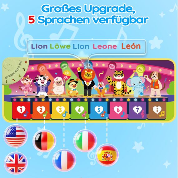 MOMUSE 5-Sprachen Musikmatte (DE/FR/IT/ES/EN), Baby Spielzeug ab 1 Jahr, Multilinguale Klaviermatte mit 9 Tieren, Tragbar, Leicht, Weihnachts-/Geburtstagsgeschenk für Kinder 1 2 3 4 Jahre​​