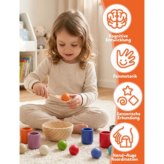 KidMigo Montessori Spielzeug ab 1 2 3 Jahre – Motorikspielzeug Holz mit 12 Bällen & Bechern, Sortierspiel Kinder, Lernspielzeug, Holzspielzeug, Geschenk Mädchen Jungen 2 Jahre