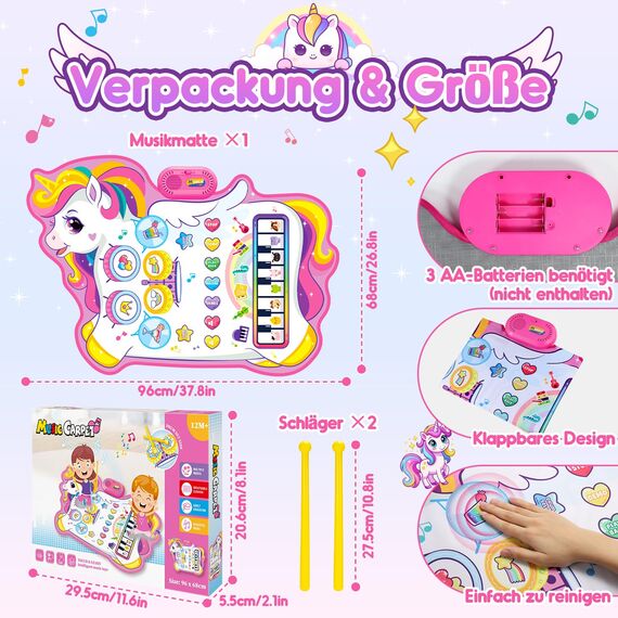 Gralal Baby Spielzeug Ab 1 2 Jahre Mädchen, Einhorn 3-in-1 Musikmatte Mit 8 Tiergeräuschen, 10 Demoliedern Und Aufnahmefunktion, Ostergeschenke Geschenk 1 Jahre Mädchen 1. Geburtstag Einhorn Geschenke