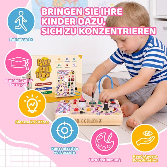 Konijiwa Einhorn Montessori Busy Board Holzspielzeug ab 1 Jahr | Activity Board ab 2 Jahre mit 10 Schaltern & 23 LED-Leuchten | Sensorisches Lernspielzeug für 1-3 Jahre Mädchen