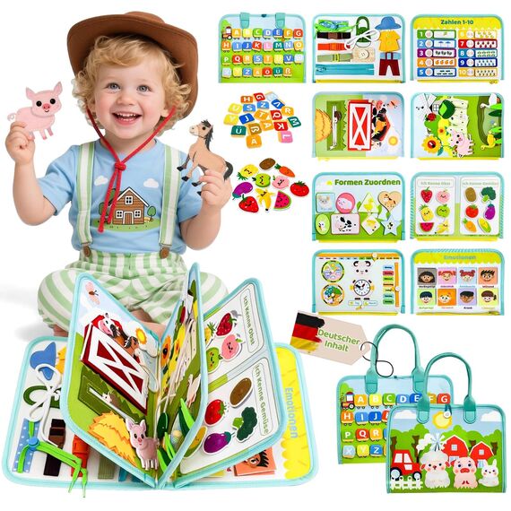 Sumtoco Busy Board Deutsch, Montessori Spielzeug Ab 1 Jahr, Bauernhof Quiet Book, Reisespielzeug Ab 3, Sensorik Spielzeug, Geschenk Spielzeug Ab 1-4 Jahre Mädchen & Jungen