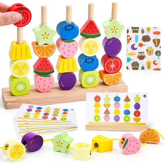 Montessori Spielzeug ab 2 3 4 5 Jahre: Holzspielzeug mit Steckspiel Fädelspiel Bausteinen Motorikspielzeug mit Stapelsteinen Sortierspiel Lernspiele Geschenk für Baby Jungen Mädchen Spielsachen