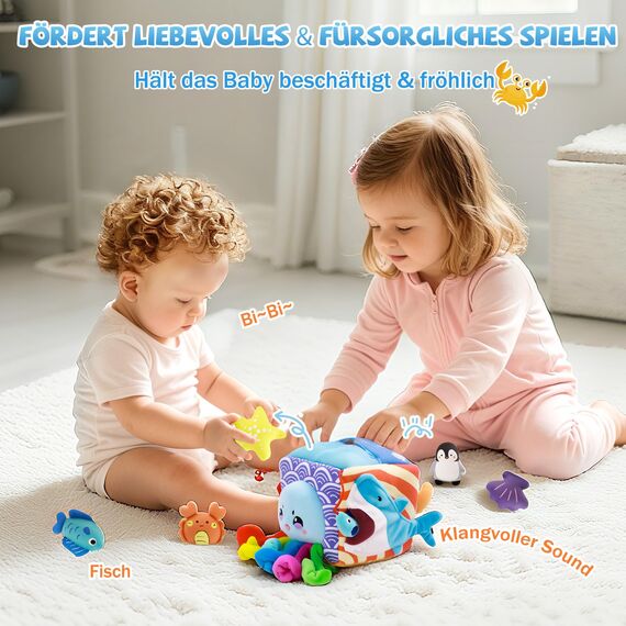 SAIMAND Baby Spielzeug 6-12 Monate – Überraschungs-Entwicklungsbox mit Meerestieren, Rassel & Spiegel, Sensorisches Montessori Lern- und Motorikspielzeug, Geschenke für Kinder 1 2 3 Jahre