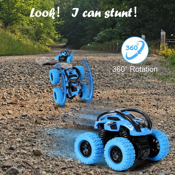 GUIGUZHJ Monstertruck Spielzeugauto, 2 Stück Monster Truck Aufziehauto Kinder Spielzeug, Reibung Zurückziehen, 360° Drehung Trägheit Fahrzeug, Auto Spielzeug für Baby Kinder ab 3 Jahre (Grün & Blau)