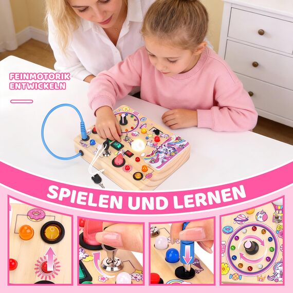 Konijiwa Einhorn Montessori Busy Board Holzspielzeug ab 1 Jahr | Activity Board ab 2 Jahre mit 10 Schaltern & 23 LED-Leuchten | Sensorisches Lernspielzeug für 1-3 Jahre Mädchen