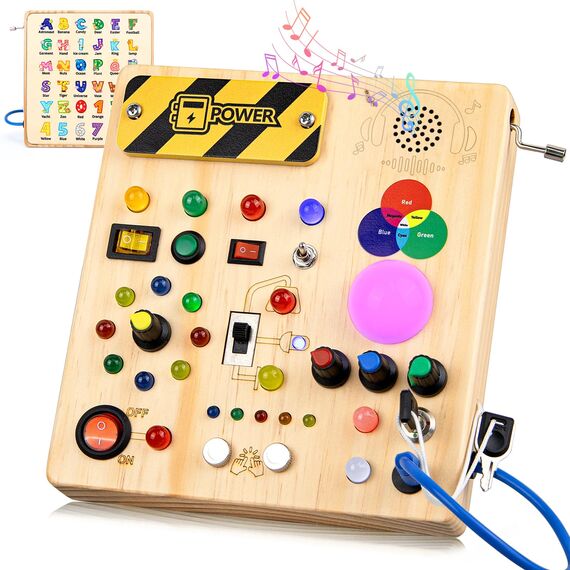 Konijiwa Montessori Spielzeug ab 1 Jahr Busy Board Activity Board Spielzeug ab 2 Jahre Holzspielzeug mit 13 Schalter 24 LED-Leuchten Spielzeug Sensory Learning Toys