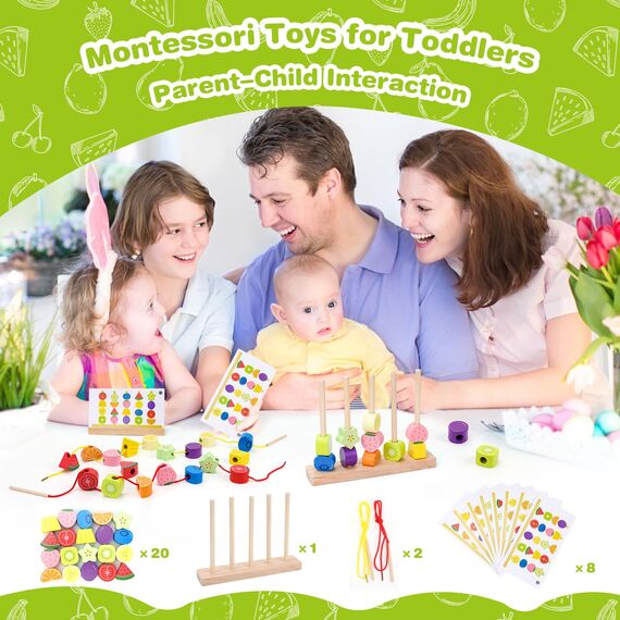 Montessori Spielzeug ab 2 3 4 5 Jahre: Holzspielzeug mit Steckspiel Fädelspiel Bausteinen Motorikspielzeug mit Stapelsteinen Sortierspiel Lernspiele Geschenk für Baby Jungen Mädchen Spielsachen