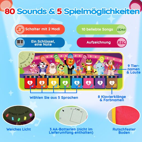 MOMUSE 5-Sprachen Musikmatte (DE/FR/IT/ES/EN), Baby Spielzeug ab 1 Jahr, Multilinguale Klaviermatte mit 9 Tieren, Tragbar, Leicht, Weihnachts-/Geburtstagsgeschenk für Kinder 1 2 3 4 Jahre​​