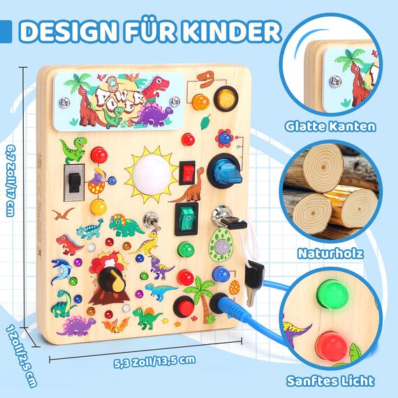 Konijiwa Dinosaur Busy Board Montessori Spielzeug ab 1 Jahr | Activity Board Holzspielzeug mit 10 Schaltern & 23 LED-Leuchten | Sensorisches Lernspielzeug für 1-3 Jahre Jungen