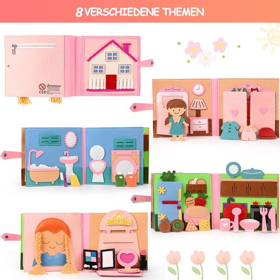 Quiet Book 2 Jahre | Babybücher aus Weichem Stoff Früh Lernen Lebenskompetenzen Lernspielzeug 3D Filz ab 1-6 Jahr Geschenk für Mädchen Jungen