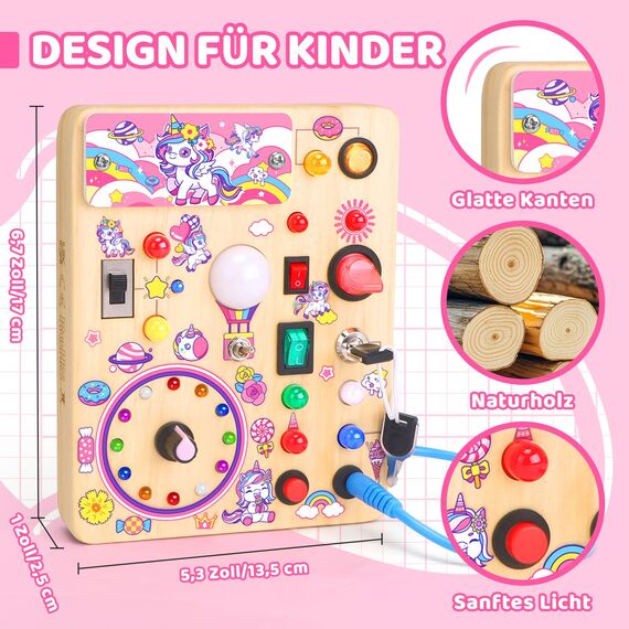 Konijiwa Einhorn Montessori Busy Board Holzspielzeug ab 1 Jahr | Activity Board ab 2 Jahre mit 10 Schaltern & 23 LED-Leuchten | Sensorisches Lernspielzeug für 1-3 Jahre Mädchen