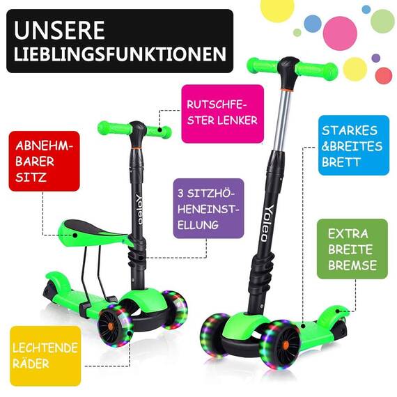 Yoleo 3-in-1 Kinderscooter Kinder Roller mit Abnehmbarem Sitz, PU Räder, Höheverstellbare Lenker für Kleinkinder Jungen Mädchen ab 2 Jahre (Grün)