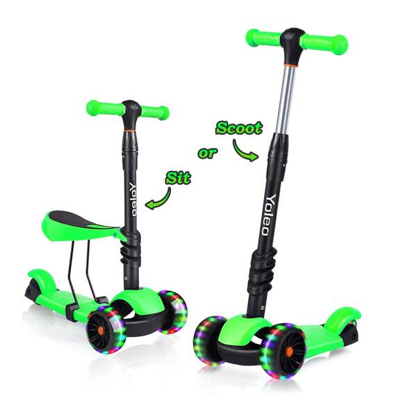 Yoleo 3-in-1 Kinderscooter Kinder Roller mit Abnehmbarem Sitz, PU Räder, Höheverstellbare Lenker für Kleinkinder Jungen Mädchen ab 2 Jahre (Grün)
