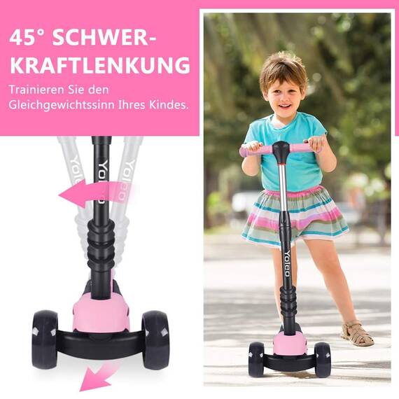 YOLEO 3-in-1 Kinder Roller Scooter mit Abnehmbarem Sitz, PU Räder, Höheverstellbare Lenker für Kleinkinder Jungen Mädchen ab 2 Jahre(Rosa)