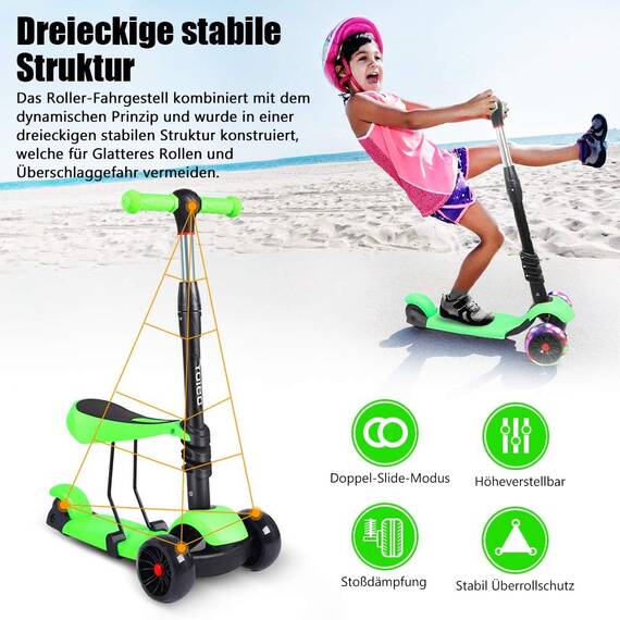 Yoleo 3-in-1 Kinderscooter Kinder Roller mit Abnehmbarem Sitz, PU Räder, Höheverstellbare Lenker für Kleinkinder Jungen Mädchen ab 2 Jahre (Grün)