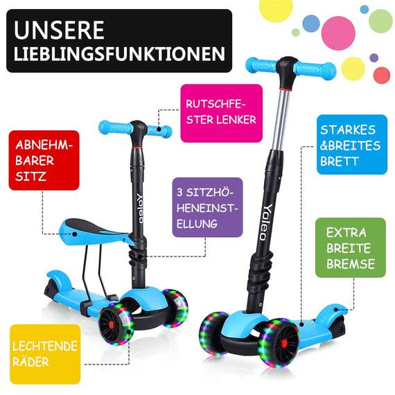 Yoleo 3-in-1 Kinder Roller Scooter mit Abnehmbarem Sitz, PU Räder, Höheverstellbare Lenker für Kleinkinder Jungen Mädchen ab 2 Jahre (Blau)