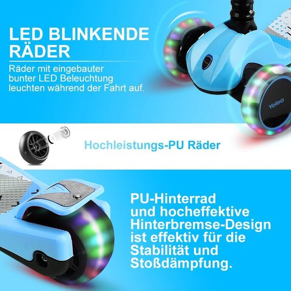 YOLEO Kinder Roller Kinderscooter Dreiradscooter mit PU Räder, Reaktionsschnelle Bremsen, 4 Höhenverstellbare, Faltbarem Lenker, bis 50kg Belastbar, für Kinder Mädchen Jungen ab 3 Jahre(Blau)