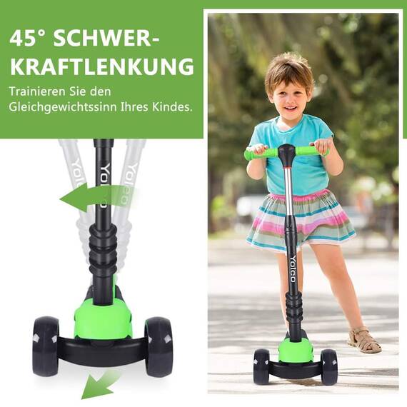 Yoleo 3-in-1 Kinderscooter Kinder Roller mit Abnehmbarem Sitz, PU Räder, Höheverstellbare Lenker für Kleinkinder Jungen Mädchen ab 2 Jahre (Grün)