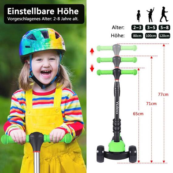 Yoleo 3-in-1 Kinderscooter Kinder Roller mit Abnehmbarem Sitz, PU Räder, Höheverstellbare Lenker für Kleinkinder Jungen Mädchen ab 2 Jahre (Grün)
