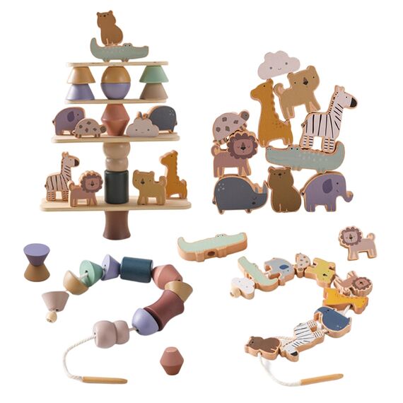 Smartwo Montessori Fädelspiel aus Holz, Holzspielzeug für Stapelspiel, Motorikspielzeug für Kleinkinder, Bauklötze in Tiere-Form, Geburtstaggeschenk für Mädchen Jungen 3 4 Jahre