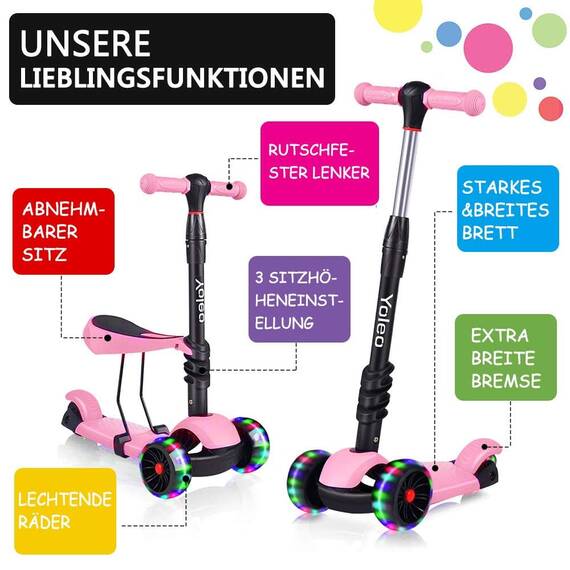 YOLEO 3-in-1 Kinder Roller Scooter mit Abnehmbarem Sitz, PU Räder, Höheverstellbare Lenker für Kleinkinder Jungen Mädchen ab 2 Jahre(Rosa)