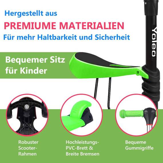 Yoleo 3-in-1 Kinderscooter Kinder Roller mit Abnehmbarem Sitz, PU Räder, Höheverstellbare Lenker für Kleinkinder Jungen Mädchen ab 2 Jahre (Grün)