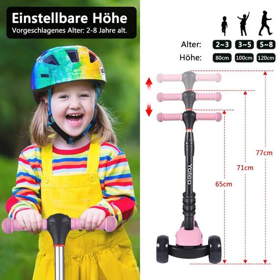 YOLEO 3-in-1 Kinder Roller Scooter mit Abnehmbarem Sitz, PU Räder, Höheverstellbare Lenker für Kleinkinder Jungen Mädchen ab 2 Jahre(Rosa)