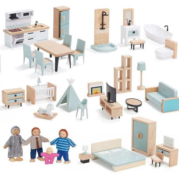 Giant bean Puppenhaus Möbel Holz Set, 36 Teilige Möbel mit 4 Familienpuppen, Puppen Zubehör Spielzeug für Jungen, Mädchen und Kleinkinder 3+ Jahren